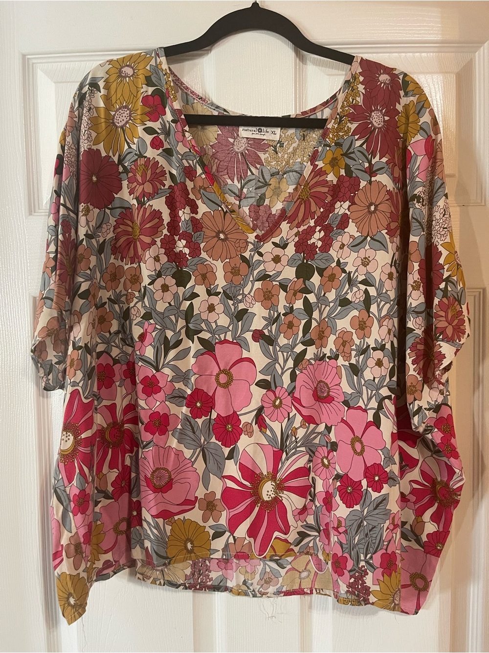 NATURAL LIFE Floral V-Neck Boxy Tunic Top in Pink, Yellow & Green floral print - Picture 2 of 4